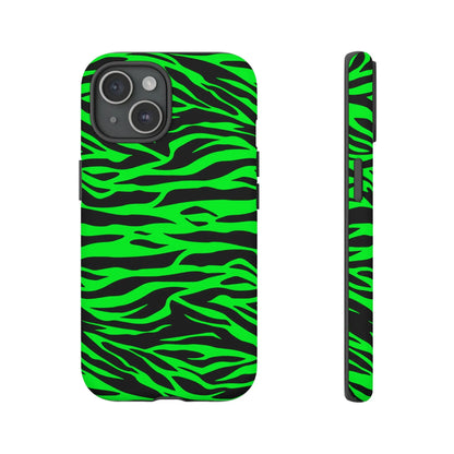 Back side of a sleek protective phone case with vibrant neon green and black green wild print tiger pattern design