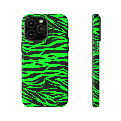 Back side of a vibrant green wild print tiger phone case with neon zebra-striped print tiger pattern for iPhone Galaxy and Pixel