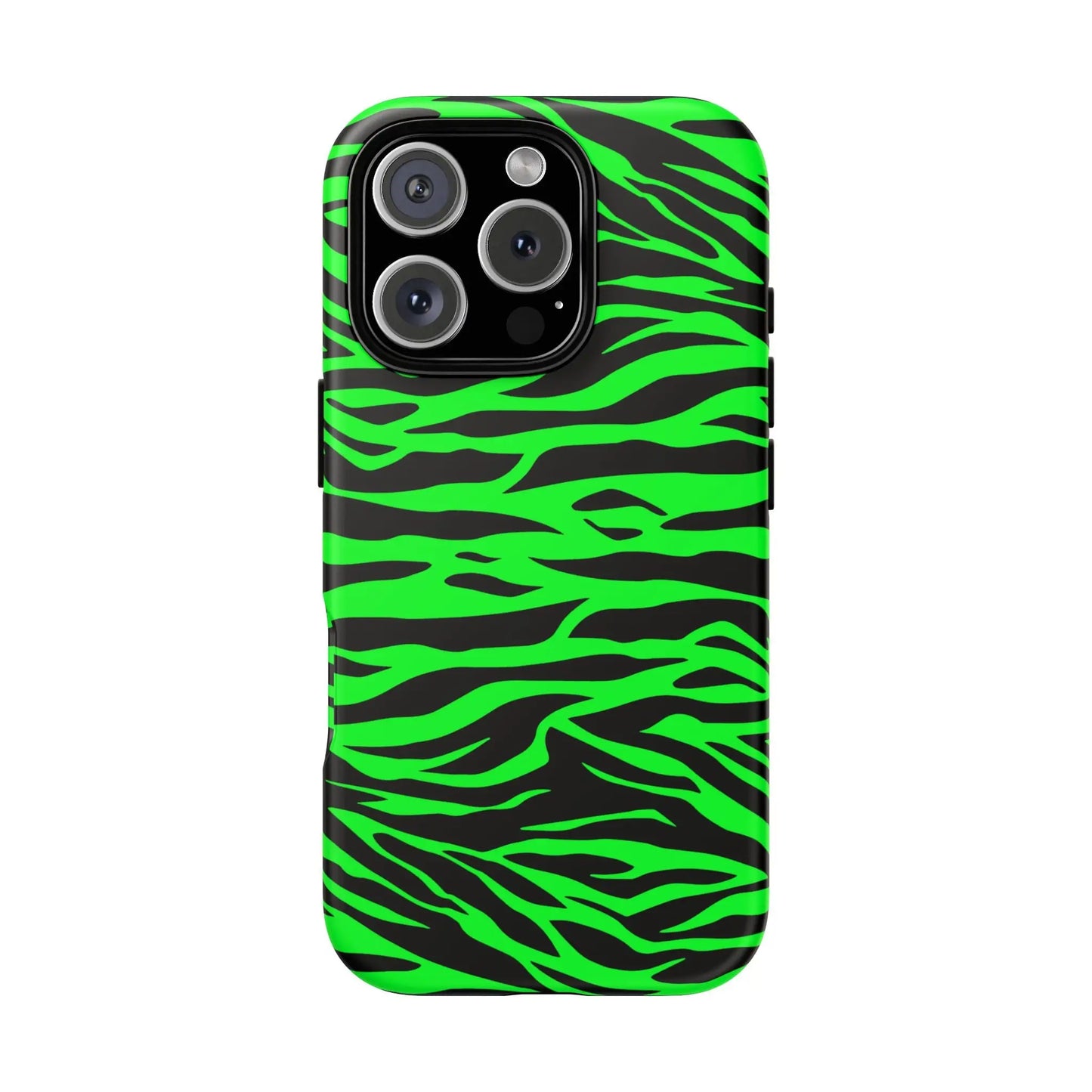 Green wild print tiger pattern phone case for iphone galaxy s and pixel with vibrant neon green and black zebra stripes back