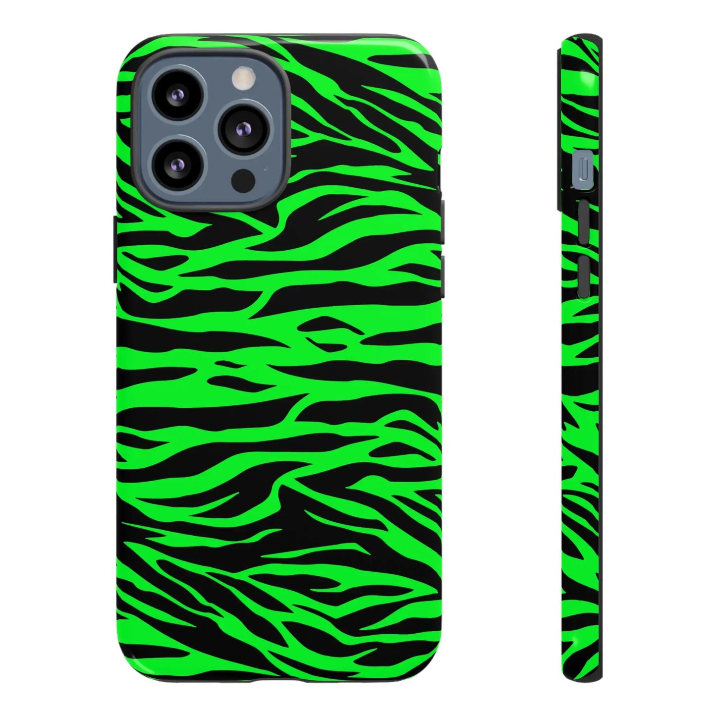 Back view of vibrant neon green wild print tiger pattern phone case for iphone 12 pro max with zebra stripes