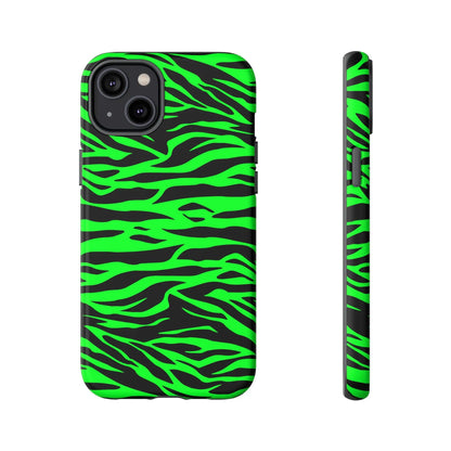 Back side of a vibrant neon green and black phone case with a green wild print tiger pattern for iphone galaxy and pixel phones