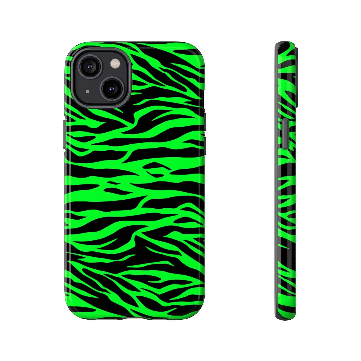 Back side of a vibrant neon green wild print tiger pattern phone case for iphone galaxy s and pixel phones