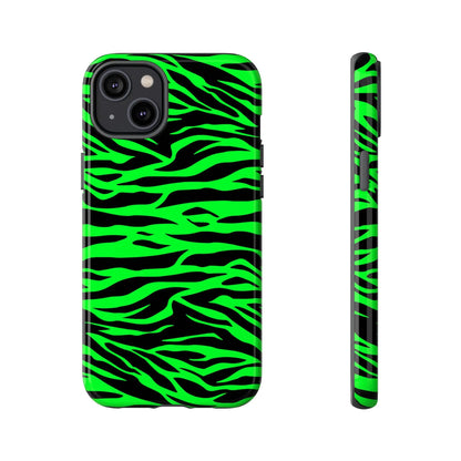 Back side of a vibrant neon green wild print tiger pattern phone case for iphone galaxy s and pixel phones