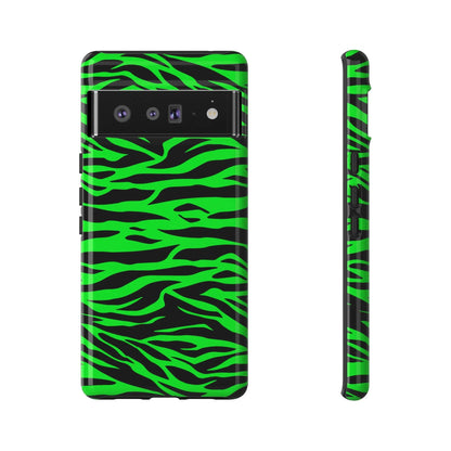 Back side of green wild print tiger pattern phone case with vibrant neon green and black zebra stripes for iPhone Galaxy S and Pixel