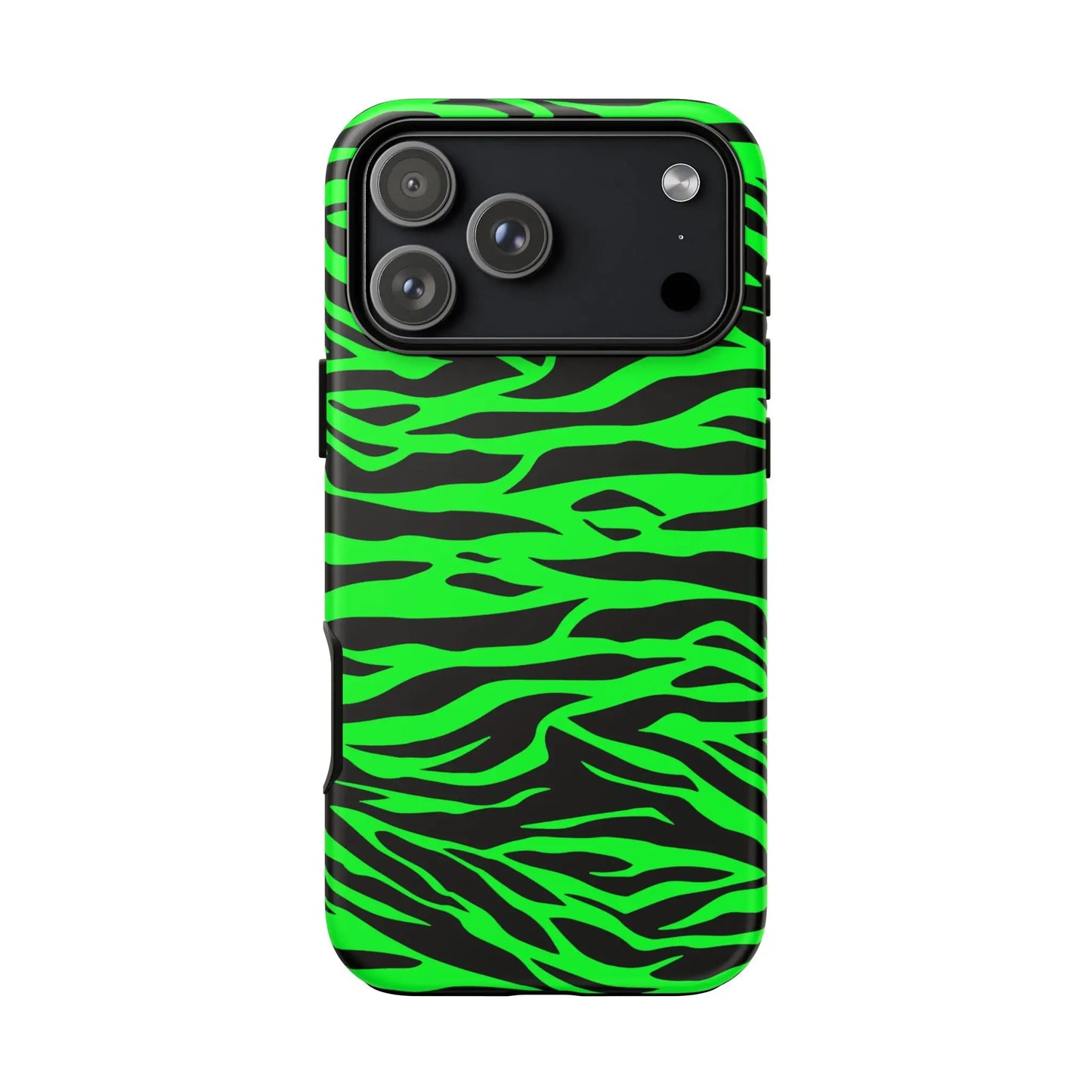 Vibrant neon green and black zebra-striped phone case showing back side with green wild print tiger pattern design