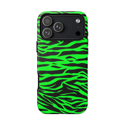 Vibrant neon green and black zebra-striped phone case showing back side with green wild print tiger pattern design