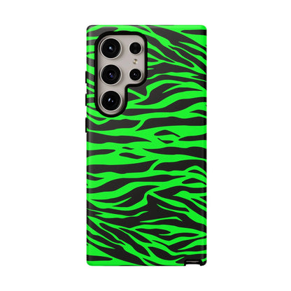 Back side of a vibrant neon green and black samsung galaxy s21 ultra phone case with wild print tiger pattern design