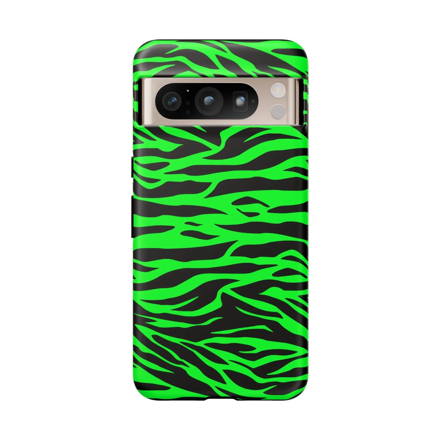 Back side of a green wild print tiger pattern phone case with vibrant neon green and black zebra stripes for iPhone galaxy s and pixel phones