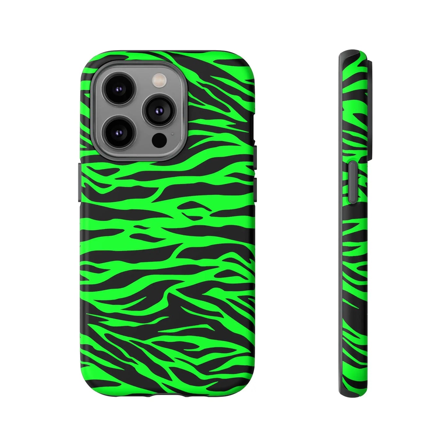 Back view of a vibrant neon green wild print tiger pattern phone case for iphone galaxy s and pixel phones