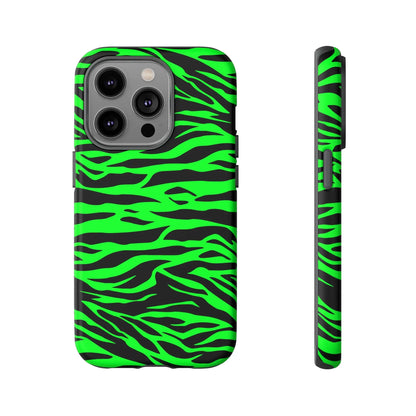Back view of a vibrant neon green wild print tiger pattern phone case for iphone galaxy s and pixel phones