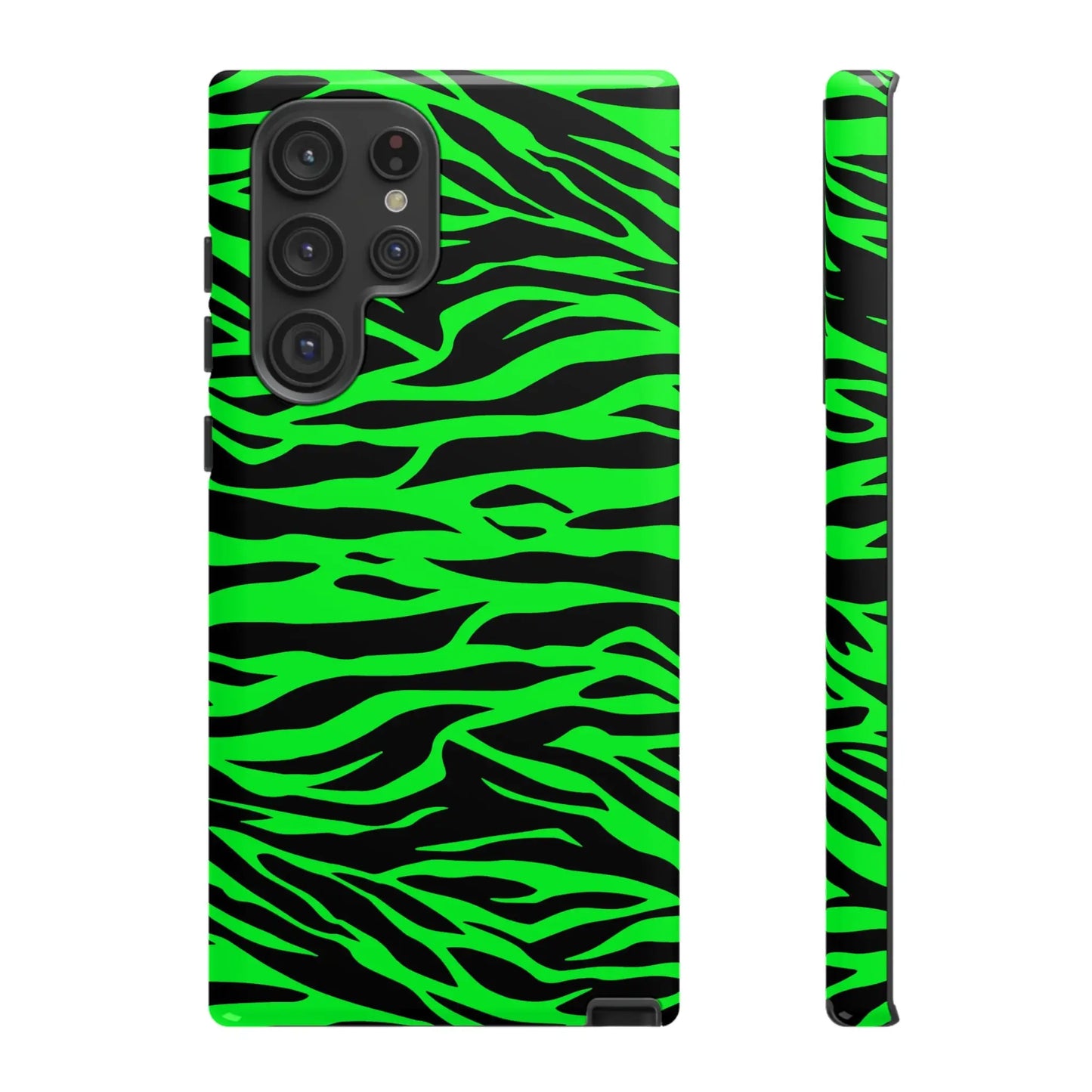 Back of a vibrant neon green wild print tiger pattern phone case for iphone galaxy s and pixel phones