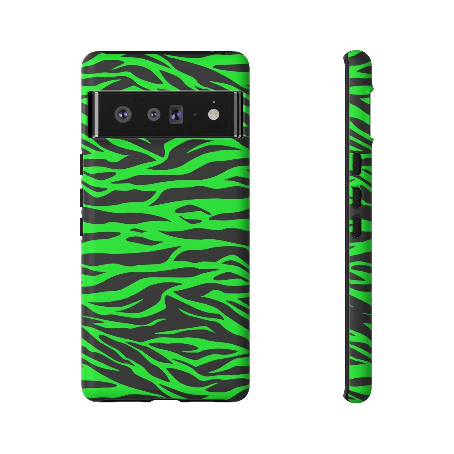 Back side of vibrant neon green and black google pixel 6 pro phone case with wild print tiger pattern design
