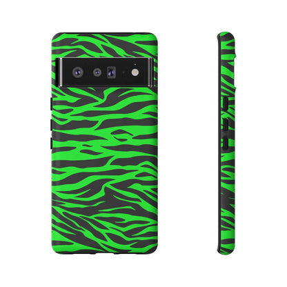 Back side of vibrant neon green and black google pixel 6 pro phone case with wild print tiger pattern design