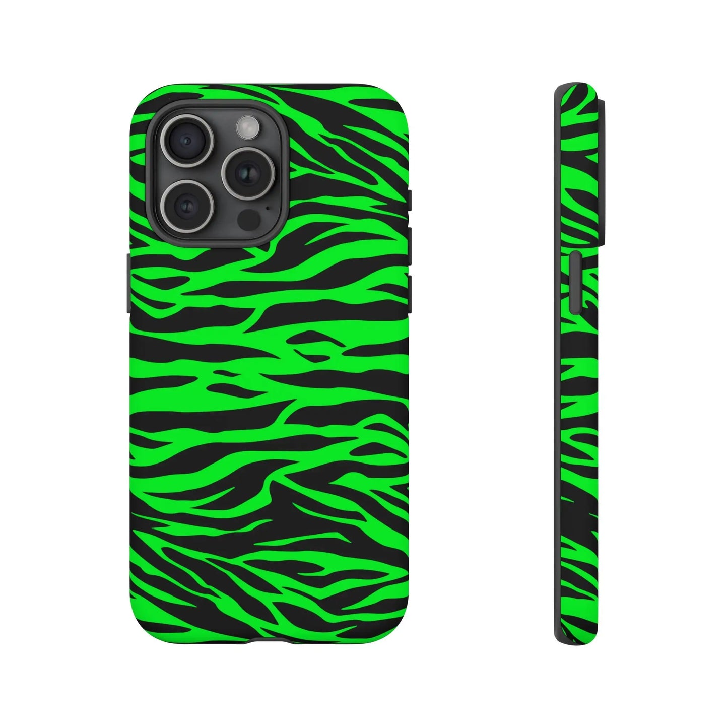 Back of a vibrant neon green wild print tiger pattern phone case with sleek protective design for iphone galaxy and pixel