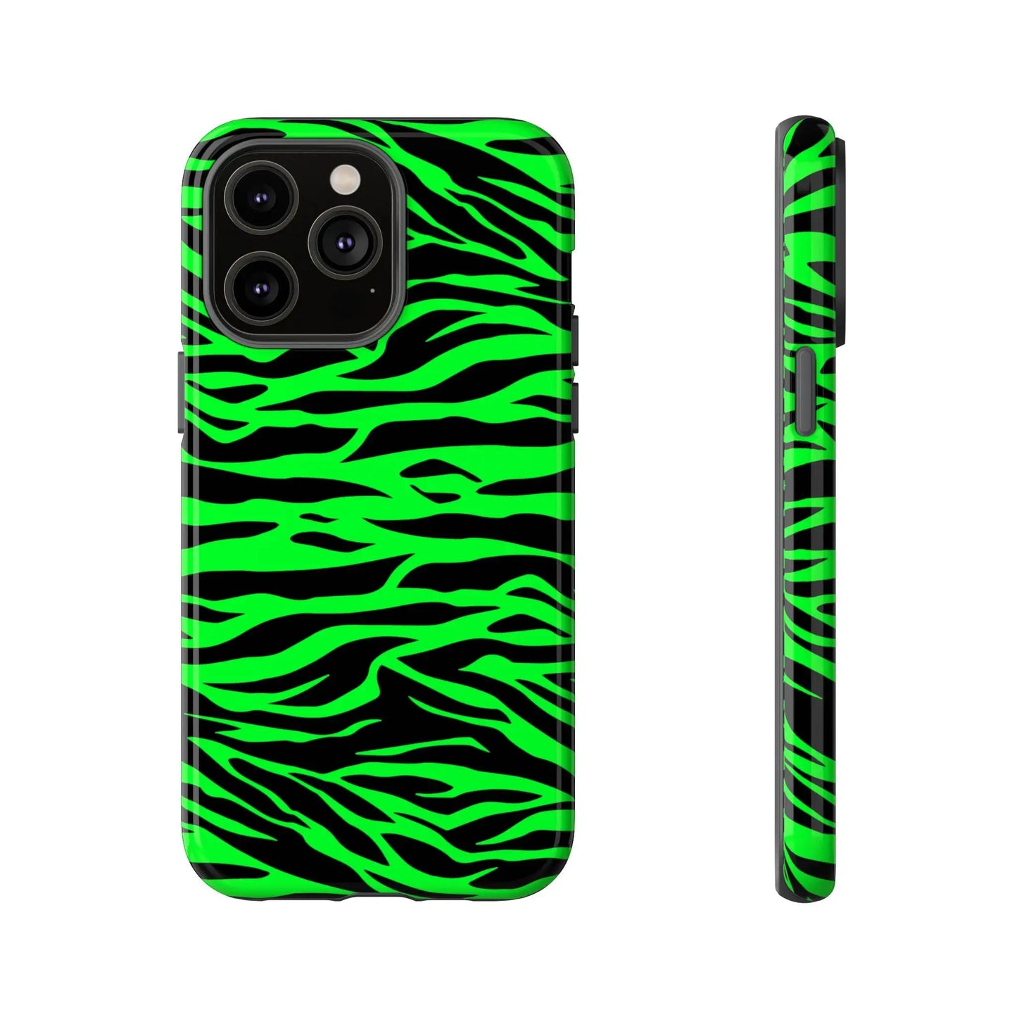 Back of a vibrant neon green and black phone case featuring a wild print tiger pattern for iphone galaxy s and pixel phones