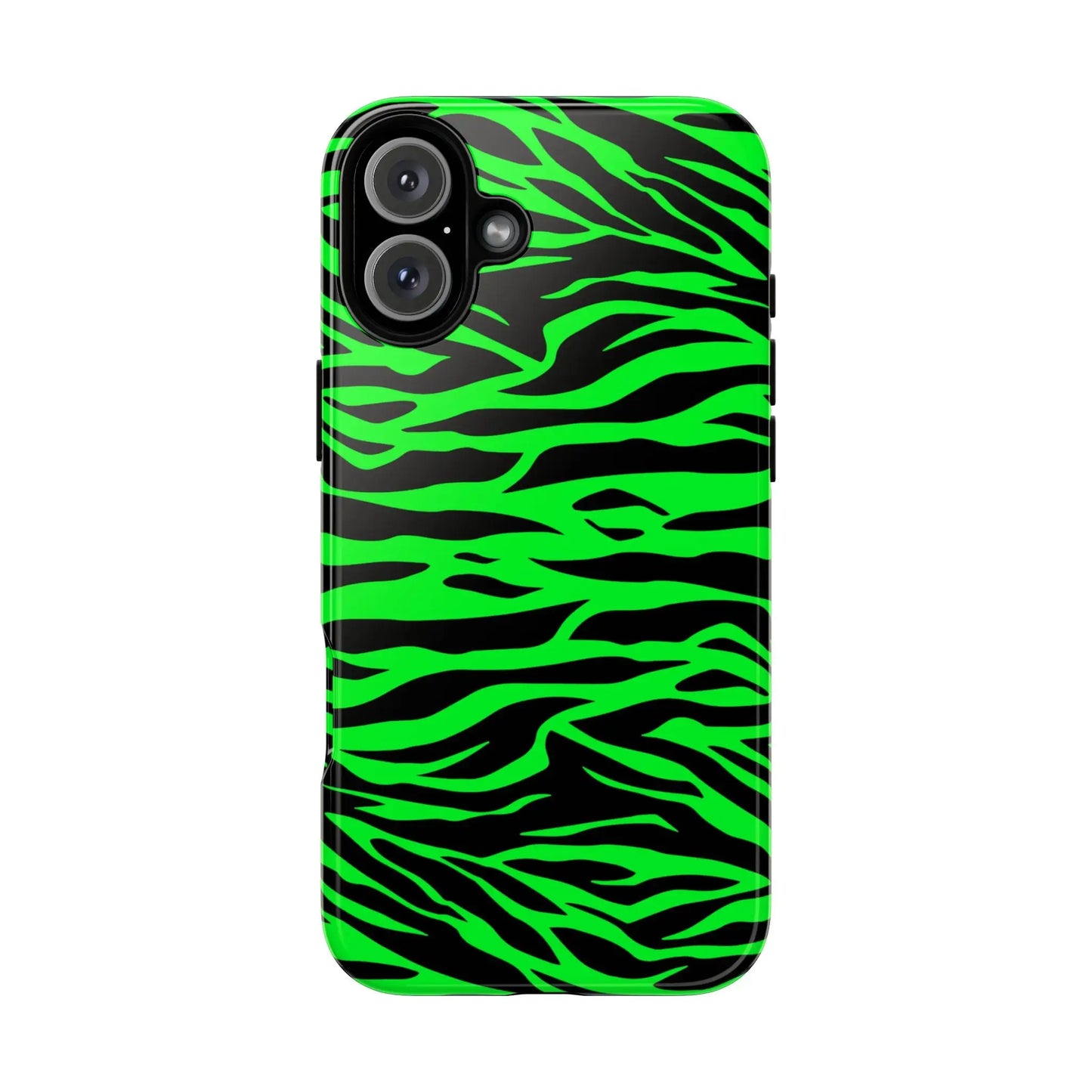 Vibrant neon green and black zebra-striped phone case showing back with green wild print tiger pattern for iphone galaxy pixel