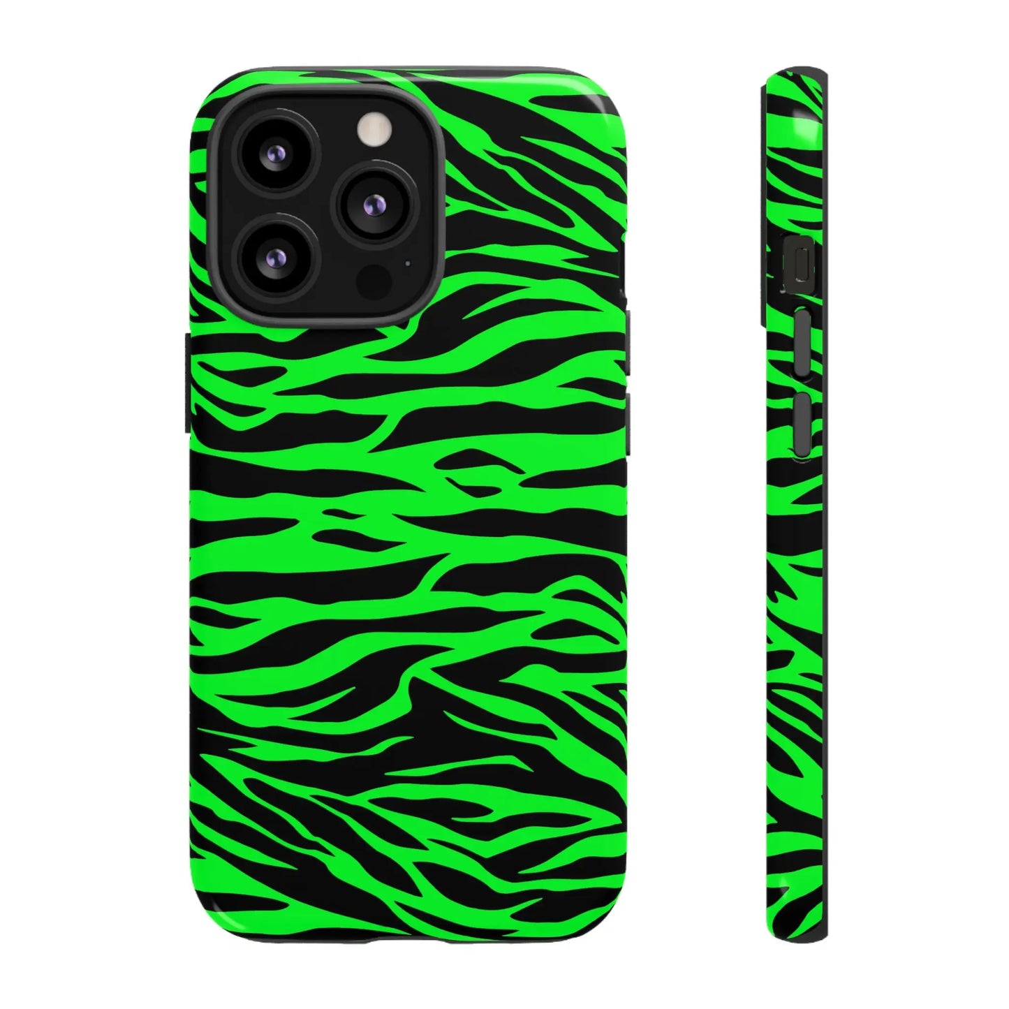 Back side of a vibrant neon green and black wild print tiger pattern phone case for iphone galaxy s and pixel phones