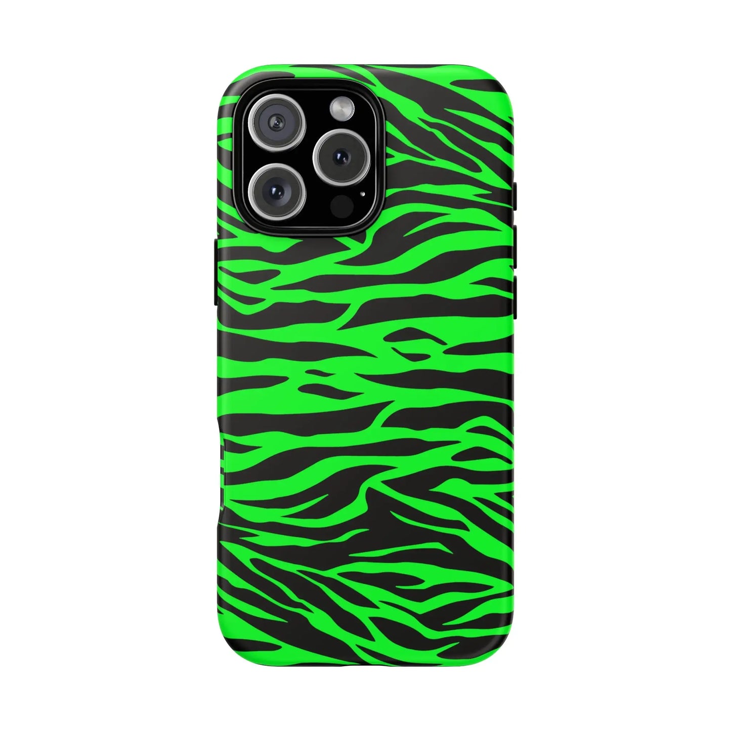 Back side of a vibrant neon green wild print tiger pattern phone case with black zebra stripes for iphone galaxy and pixel phones