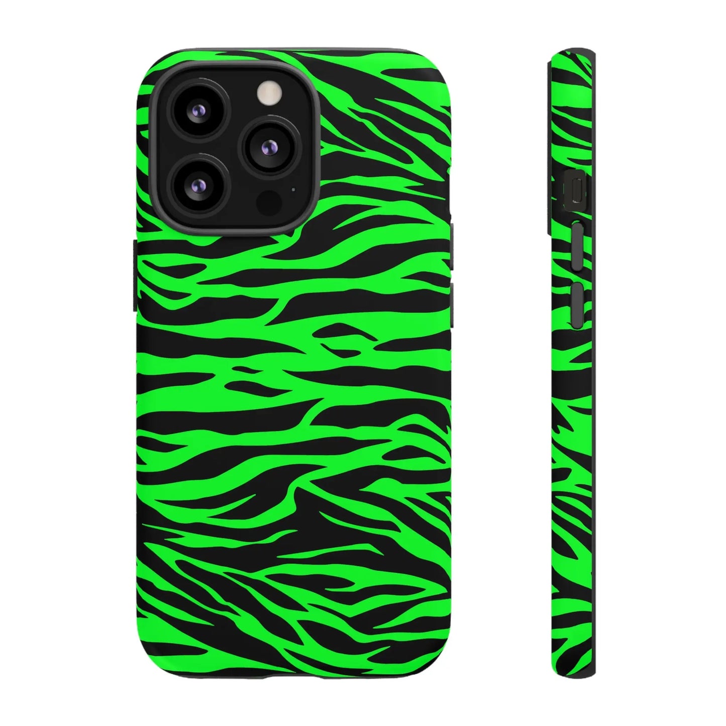 Back side of a vibrant neon green wild print tiger pattern phone case with zebra stripes for iphone galaxy and pixel phones