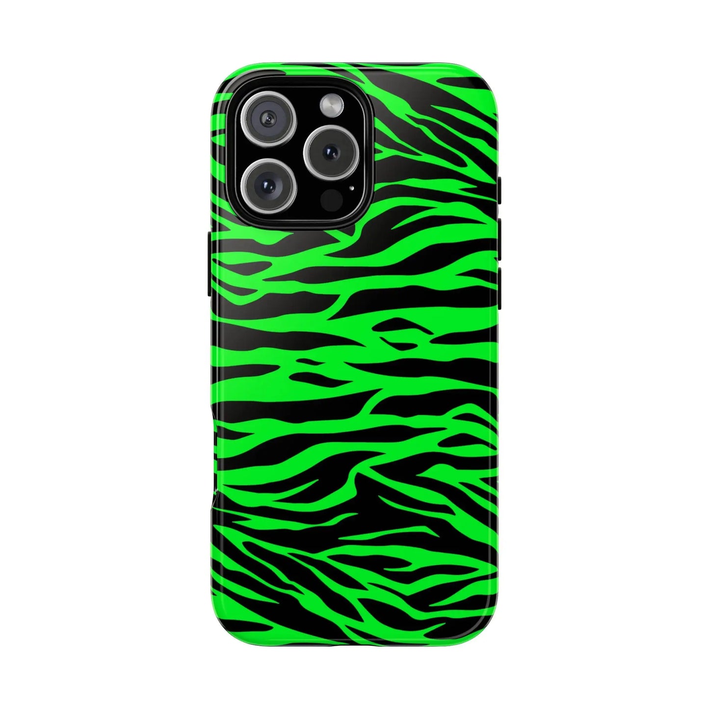 Back side of vibrant neon green and black phone case with green wild print tiger pattern for iphone galaxy pixel phones
