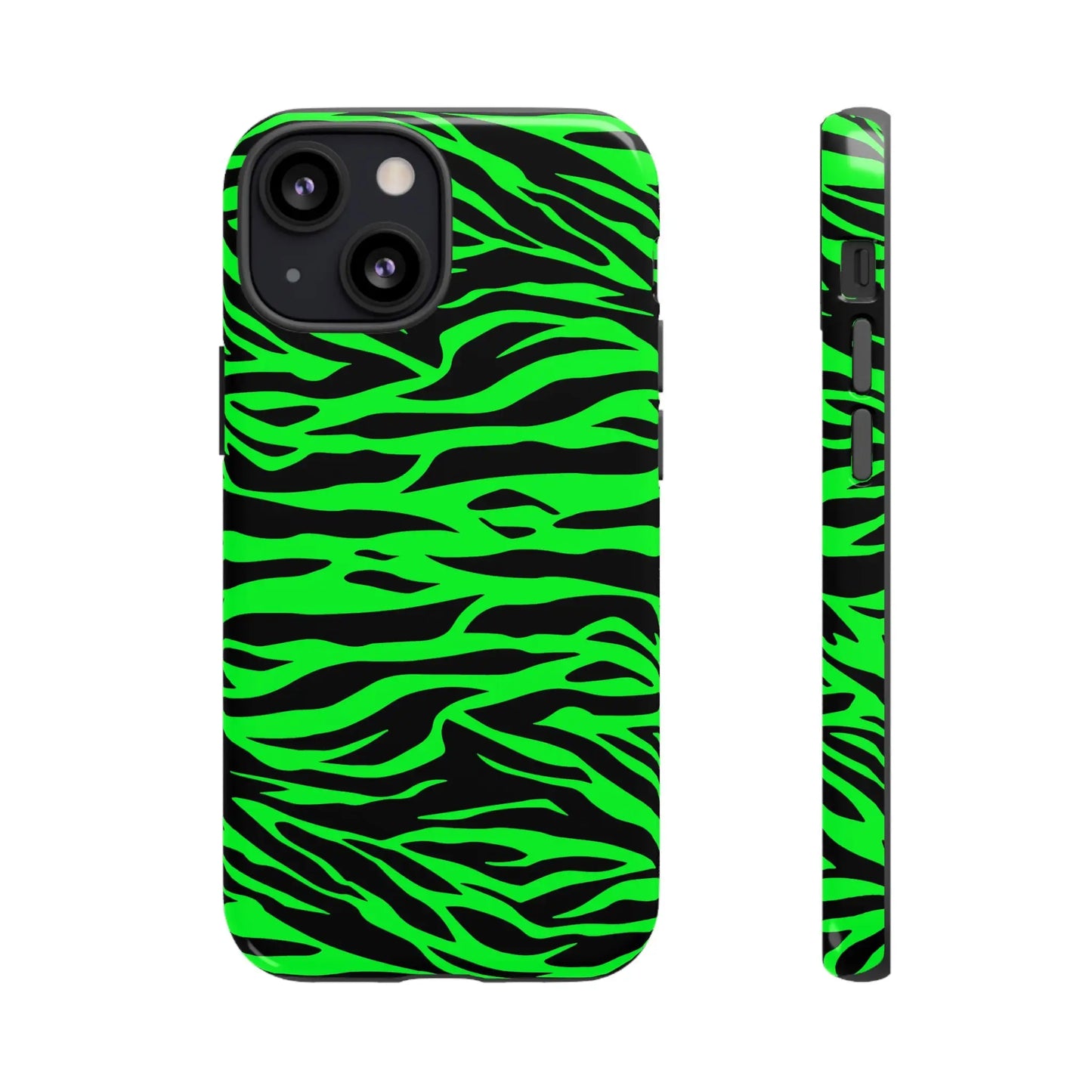 Vibrant neon green and black back of phone case featuring green wild print tiger pattern for iphone galaxy s and pixel phones