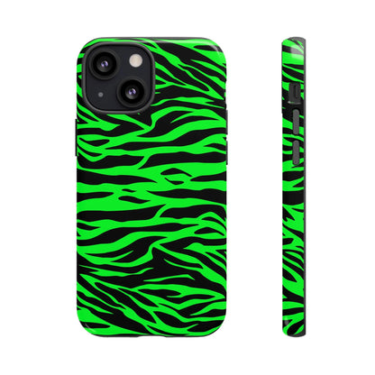 Vibrant neon green and black back of phone case featuring green wild print tiger pattern for iphone galaxy s and pixel phones