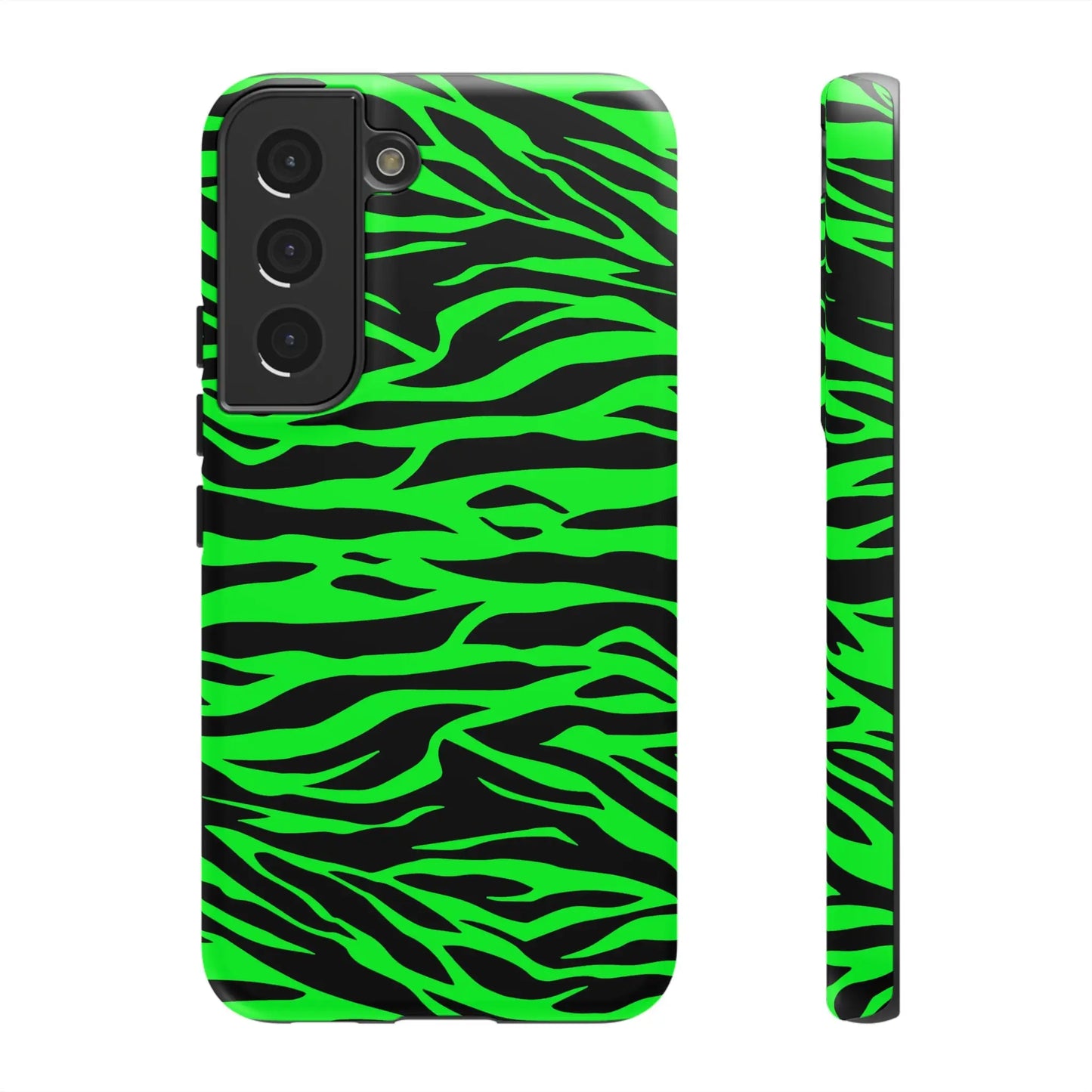 Back side of a vibrant neon green wild print tiger pattern phone case for samsung galaxy s21 with black zebra stripes