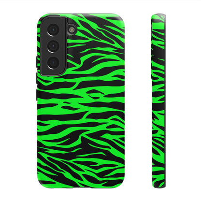 Back side of a vibrant neon green wild print tiger pattern phone case for samsung galaxy s21 with black zebra stripes