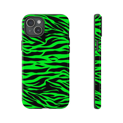 Back side of a vibrant neon green wild print tiger pattern phone case with zebra stripes for iphone galaxy and pixel phones
