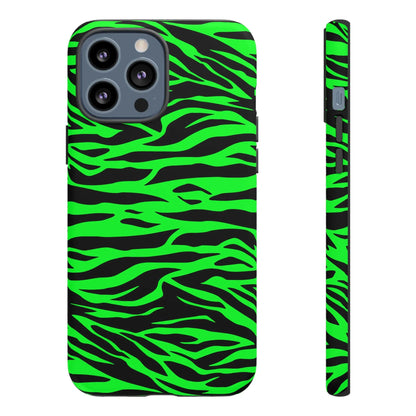 Back of a vibrant neon green wild print tiger pattern phone case with sleek protective design for iPhone Galaxy and Pixel