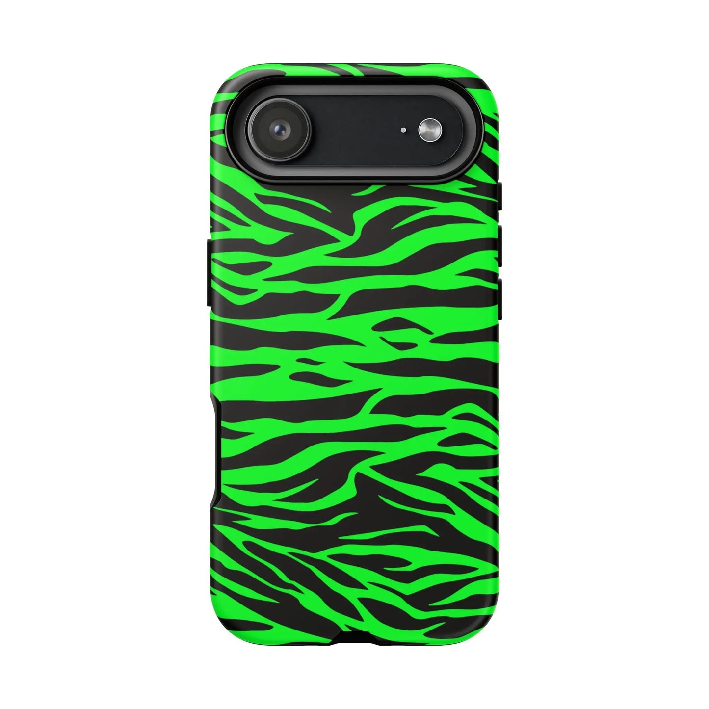 Back view of vibrant neon green and black zebra-striped phone case featuring green wild print tiger pattern for smartphones