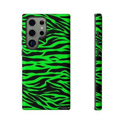 Back view of vibrant neon green and black wild print tiger pattern phone case for samsung galaxy s23 ultra