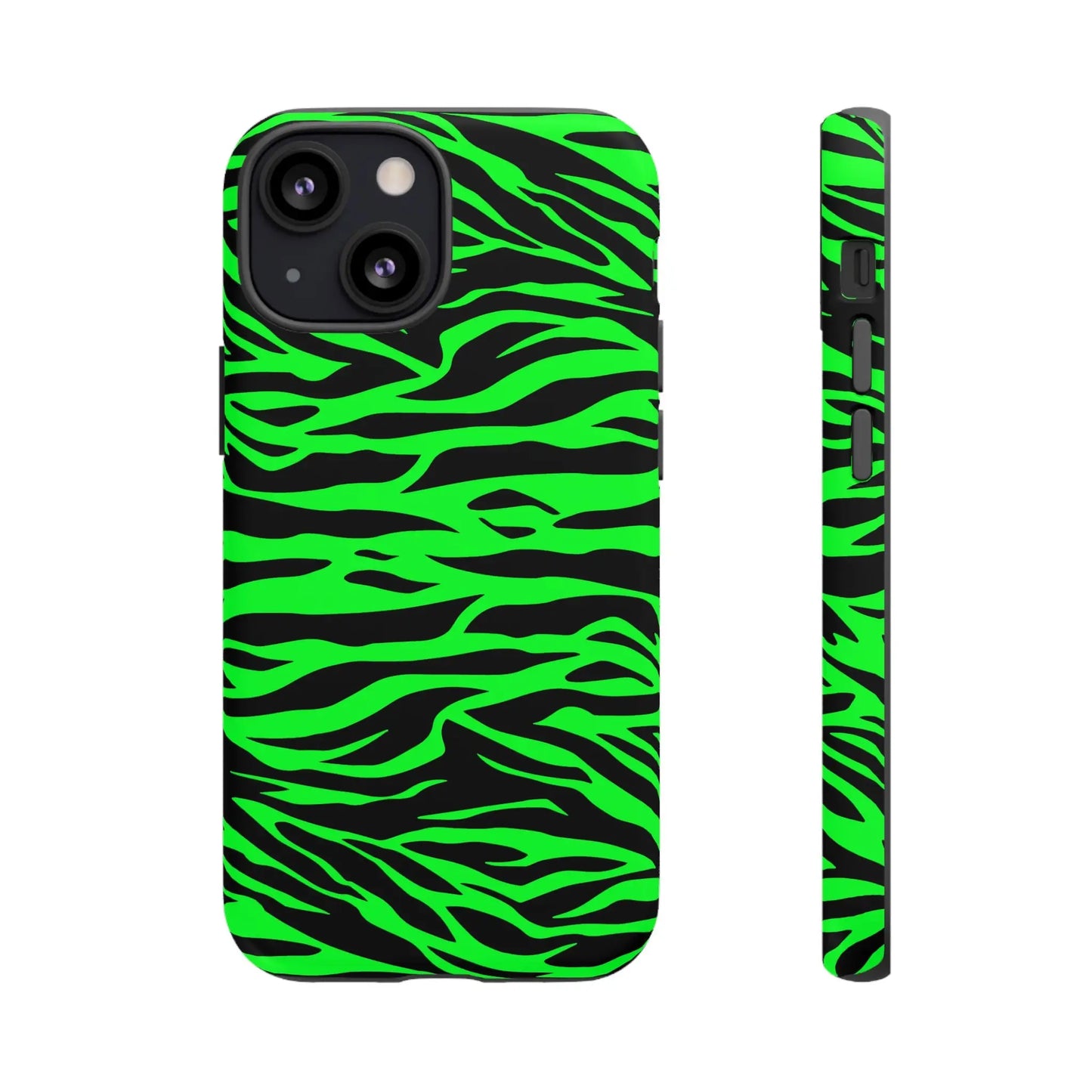 Back of vibrant neon green and black wild print tiger pattern phone case for iphone galaxy s and pixel phones