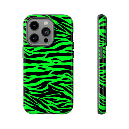 Back side of a sleek protective phone case with vibrant neon green wild print tiger pattern for iphone galaxy s and pixel phones