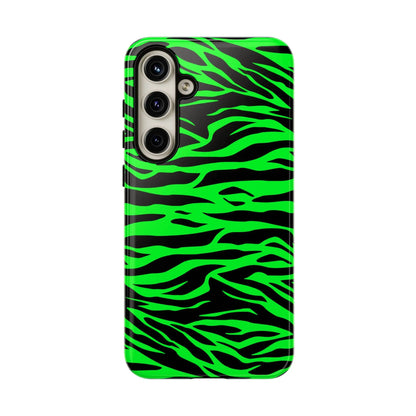Back side of a phone case featuring a vibrant neon green wild print tiger pattern for iPhone Galaxy S and Pixel phones