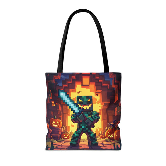 Black-handled halloween spooky tote bag with pixel-art green minecraft-style character and fiery pumpkin ruins design