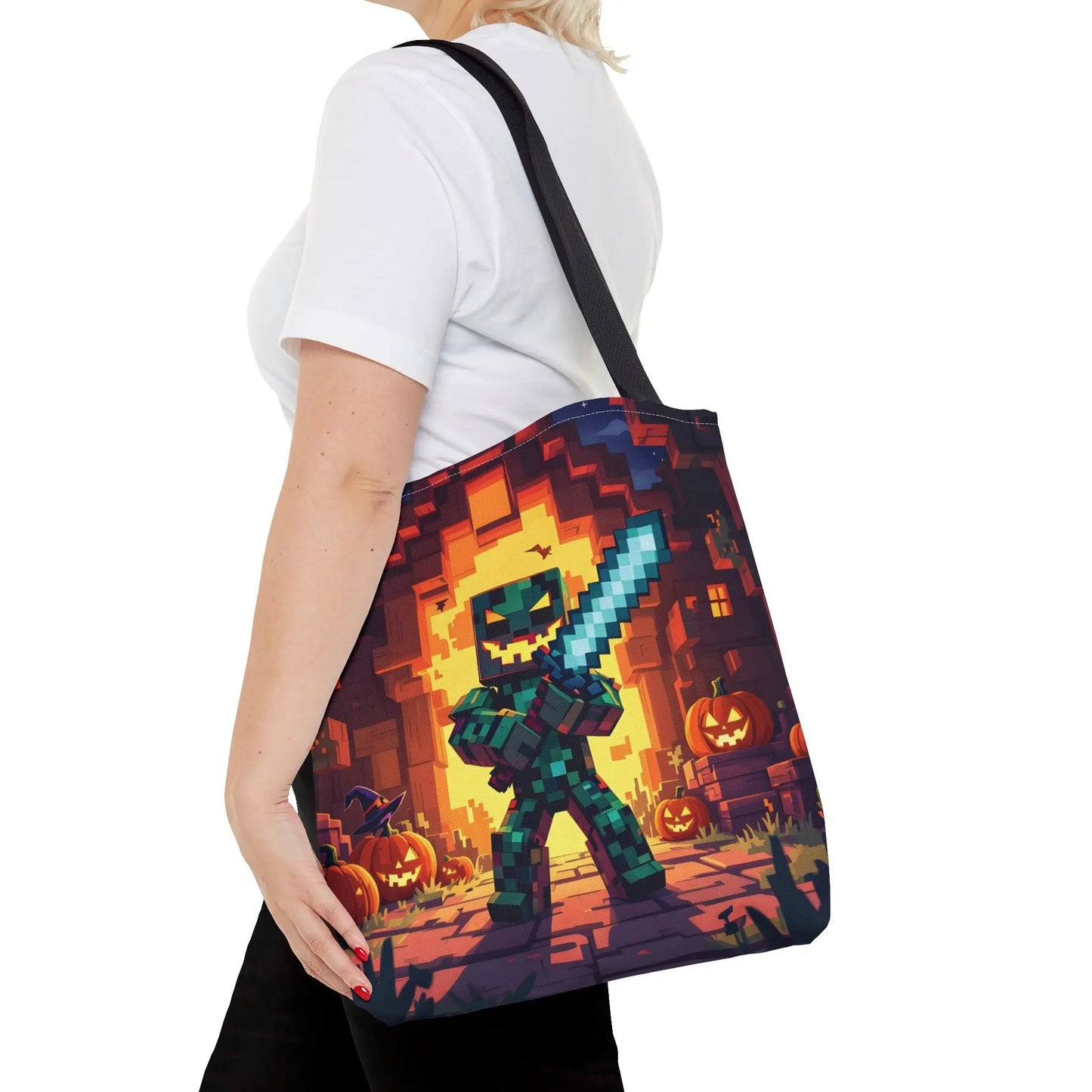 Black shoulder tote bag with vibrant pixel-art minecraft zombie and pumpkins ideal as a halloween spooky tote