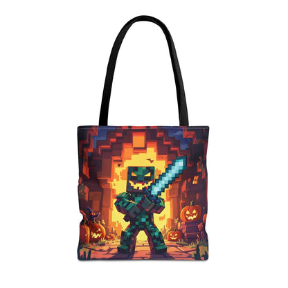 Black halloween spooky tote bag with pixel art minecraft zombie and glowing sword halloween treat carryall bag
