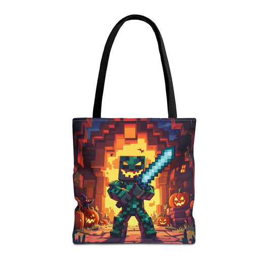 Black halloween spooky tote bag with pixel art minecraft zombie and glowing sword halloween treat carryall bag