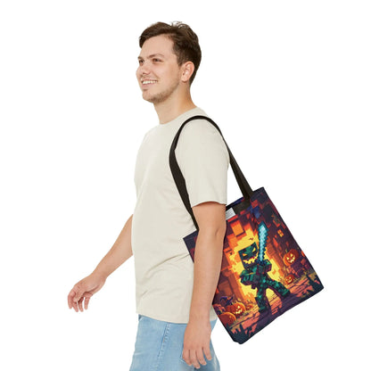 Black canvas halloween spooky tote bag with pixel-art minecraft zombie and pumpkin design treat carryall bag