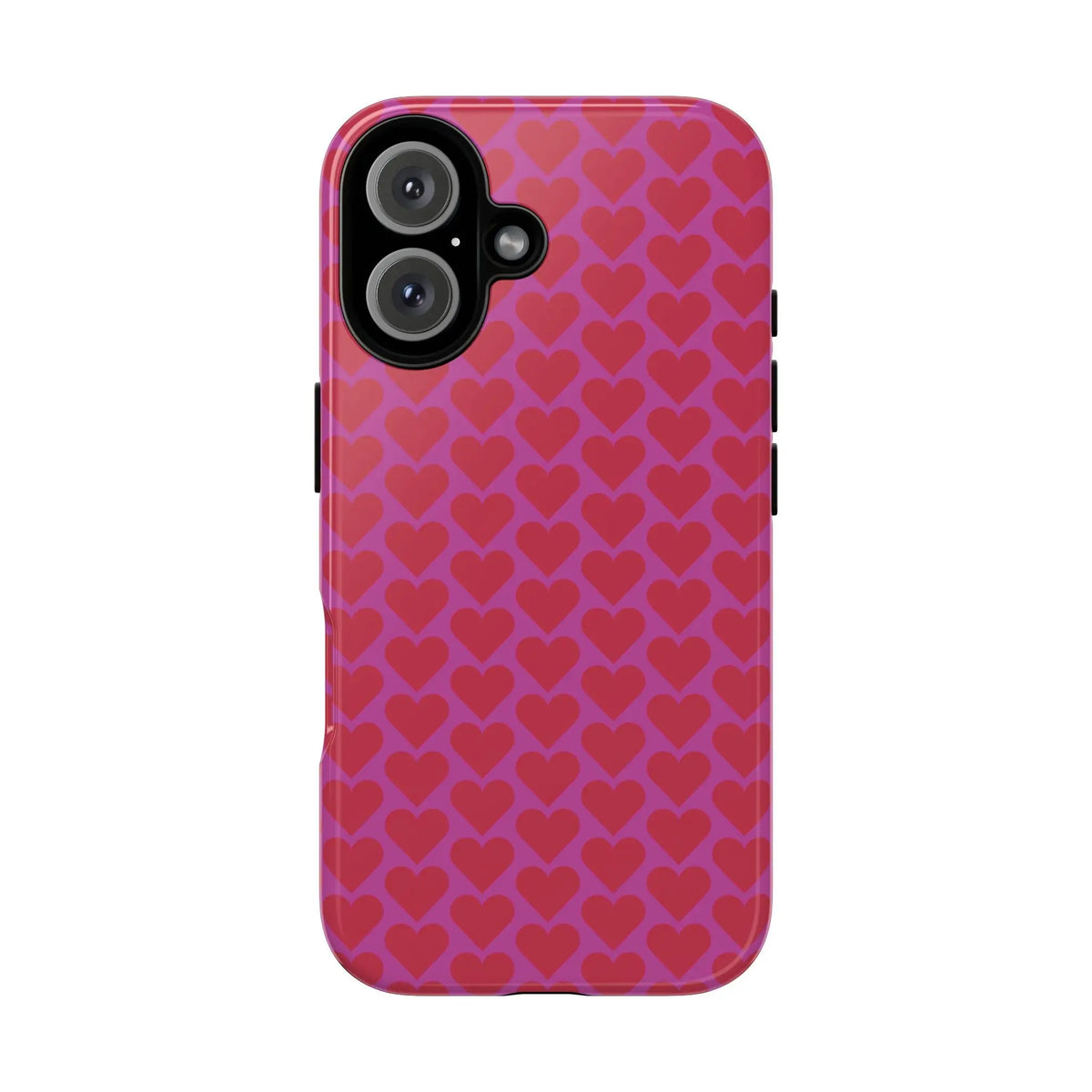 Back side of a vibrant pink heart pattern tough phone case with red hearts on a gradient background protective cover