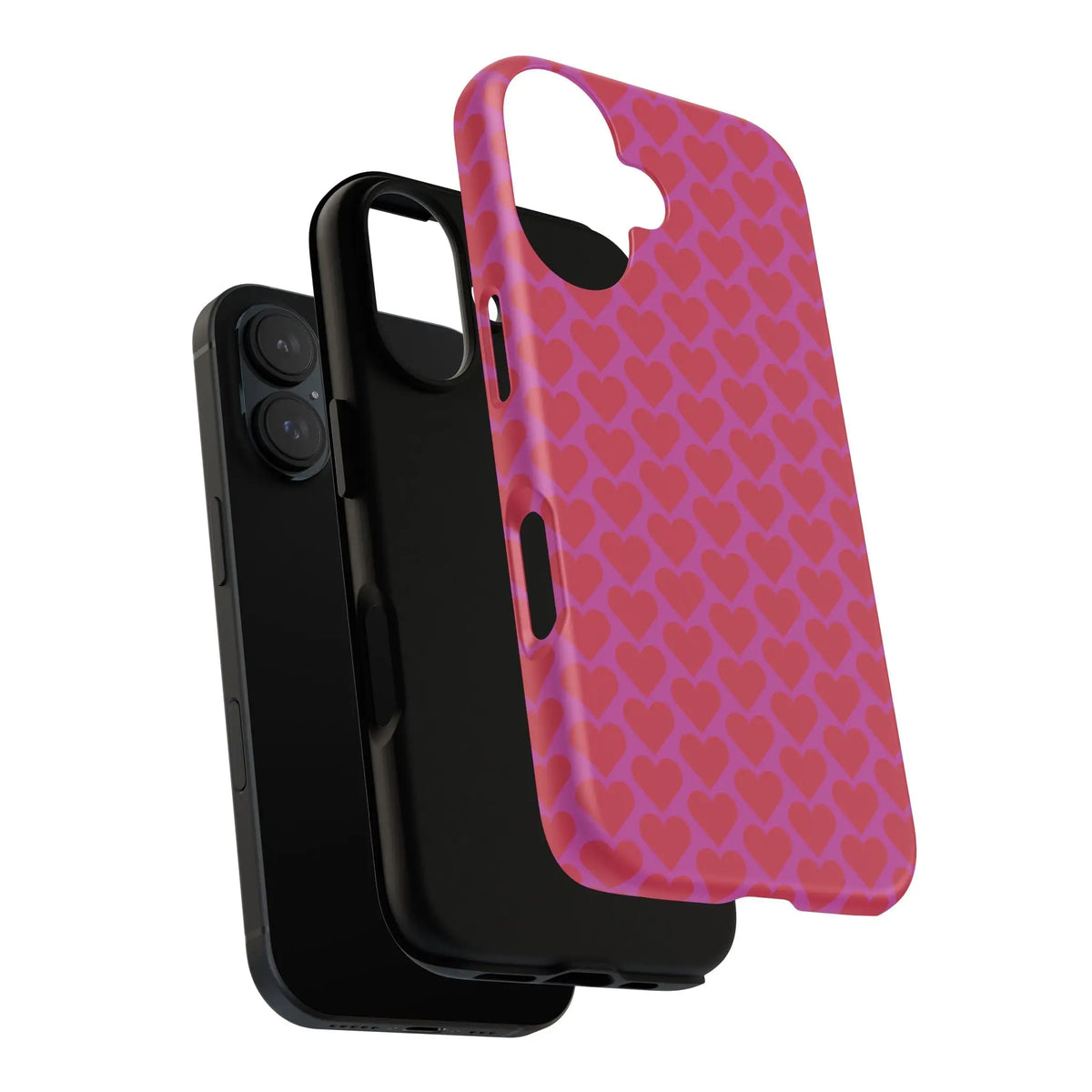 Back of pink red romantic heart pattern tough phone case with overlapping hearts pattern tough phone cover