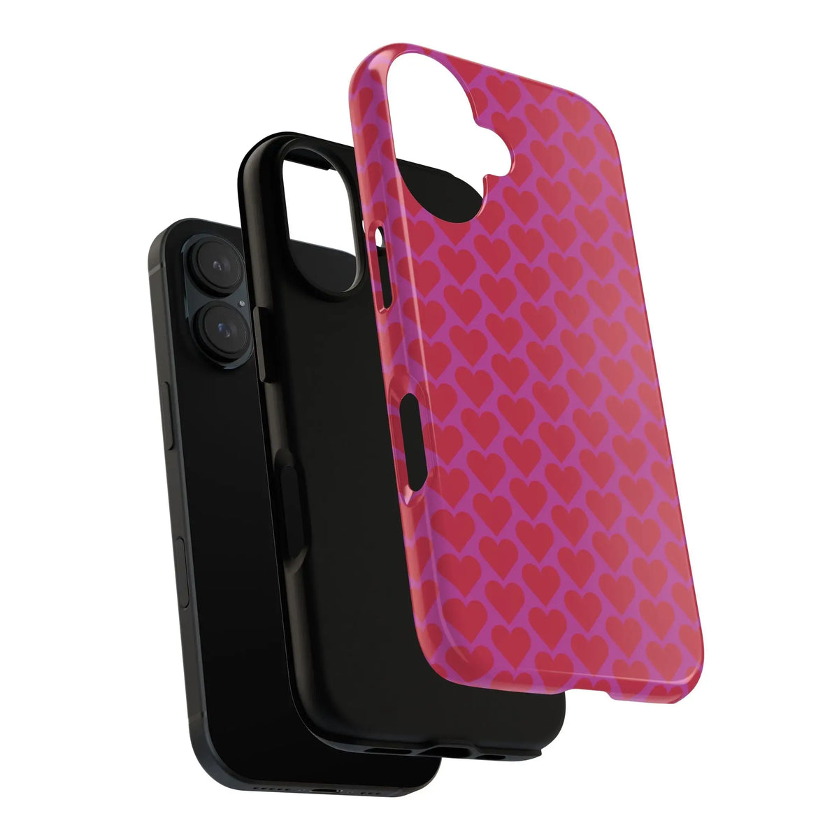 Back side of a vibrant pink heart pattern tough phone case with red hearts and precise cutouts for camera and buttons