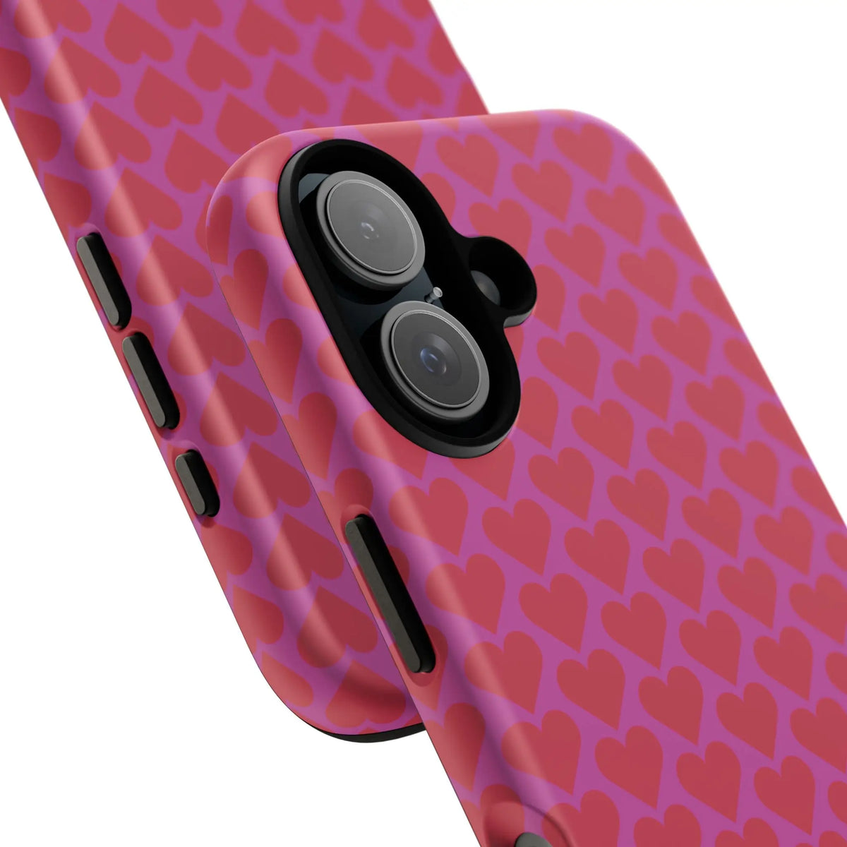 Back side of a pink heart pattern tough phone case with a red romantic protective pattern tough phone design