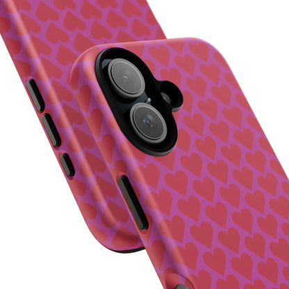 Back side of a pink heart pattern tough phone case with a red romantic protective pattern tough phone design