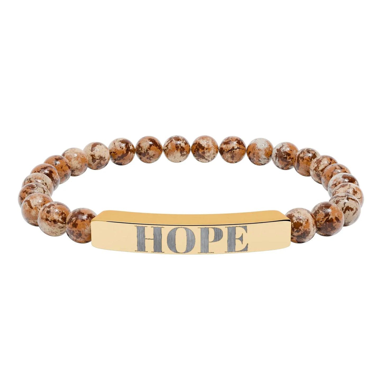 Gold-toned hope engraved natural stone stretch bracelet with earthy brown and beige speckled beads