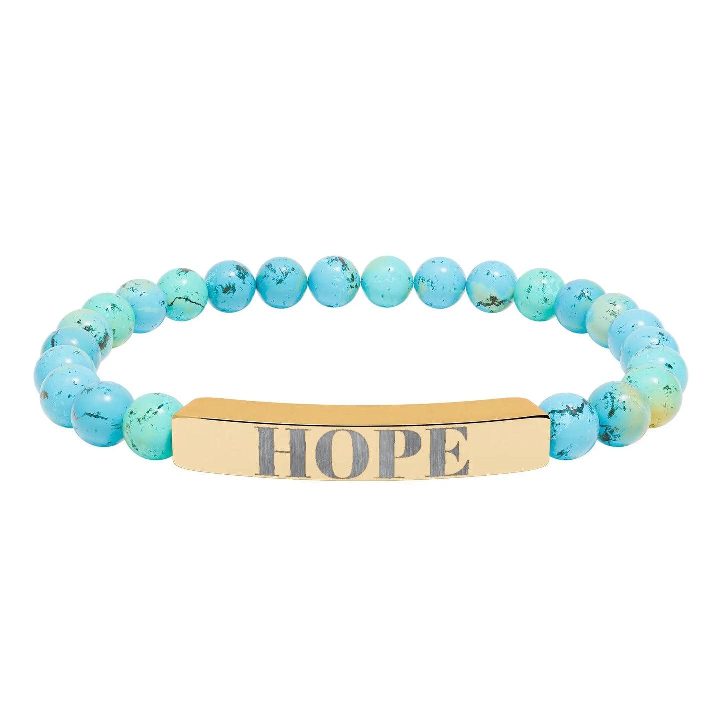 Turquoise beaded natural stone stretch bracelet with a gold-toned engraved natural hope bar charm