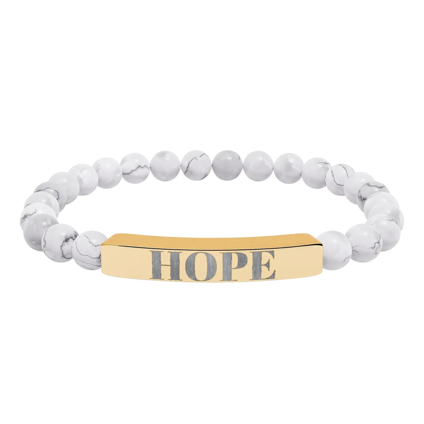 Gold-toned hope engraved natural stone bar bracelet with white marbled beads in a natural stone stretch design