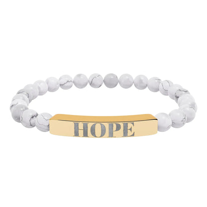 Gold-toned hope engraved natural stone bar bracelet with white marbled beads in a natural stone stretch design
