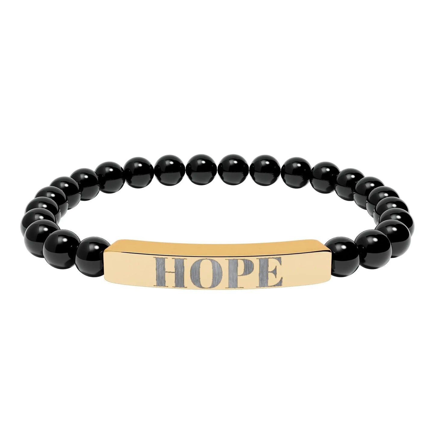 Black beaded hope engraved natural stone stretch bracelet with gold-toned rectangular bar engraving hope